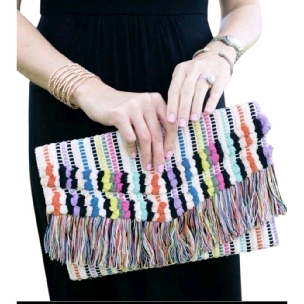 Anthropologie Stella Dot Woven Fringe Clutch Rainbow Striped Boho Multicolor Bag